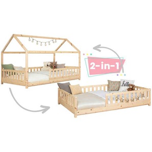 Mid.you Hausbett, Natur, Holz, Birke,Kiefer, Schichtholz,massiv, Höhe ca. 20 cm, 120x200 cm, bodentiefer Einstieg, Kinder- & Jugendzimmer,