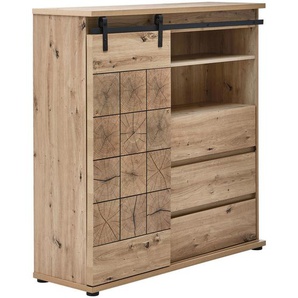 Mid.you Highboard, Schwarz, Eiche, Metall, Holzwerkstoff, 4 Fächer, 3 Schubladen, 120x126x40 cm, Bsci, Wohnzimmer, Kommoden & Sideboards, Highboards