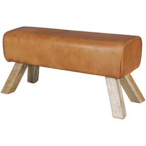 Mid.you Hocker, Braun, Leder, Echtleder, Ziegenleder, Mangoholz, massiv, rechteckig, 90x43x30 cm, Wohnzimmer, Hocker, Sitzhocker
