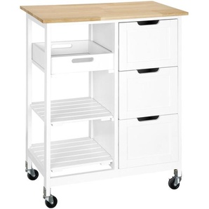 Mid.you Kücheninsel, Natur, Weiß, Holz, Holzwerkstoff, Kiefer, Kautschukholz, massiv, 3 Schubladen, einzeln stellbar, 67x84x37 cm, rollbar, Küchen, Küchenmöbel, Kücheninseln