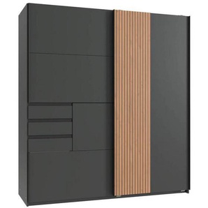 Mid.you Schwebetürenschrank, Graphit, Eiche Artisan, Metall, 4 Fächer, 3 Schubladen, 180x198x65 cm, BQ - Bündnis für Qualität, Made in Germany, DIN EN