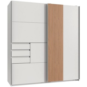 Mid.you Schwebetürenschrank, Weiß, Eiche Artisan, Metall, 4 Fächer, 3 Schubladen, 180x198x65 cm, BQ - Bündnis für Qualität, Made in Germany, DIN EN