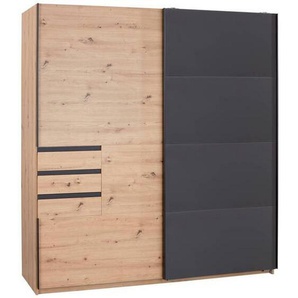 Mid.you Schwebetürenschrank Wimex Oldenburg, Grau, Eiche, Holzwerkstoff, 4 Fächer, 3 Schubladen, 180x198x64 cm, BQ - Bündnis für Qualität, Made in