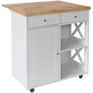 Mid.you Servierwagen Kitchen trolley, Weiß, Metall, Kautschukholz, vollmassiv, 2 Schublade(n) Schubladen, rechteckig, Rollen, 90x68x89 cm, einfacher Aufbau, Esszimmer, Barmöbel, Barwagen