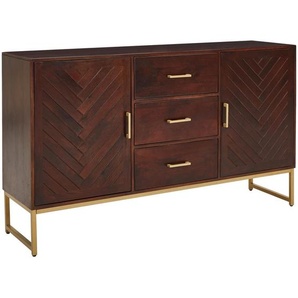Mid.you Sideboard, Gold, Walnuss, Metall, Mangoholz, Holz, 2 Fächer, 3 Schublade(n) Schubladen, 145x85x40 cm, stehend, Holzmöbel, Kleinmöbel Holz, Holzkommoden, Sideboards Holz