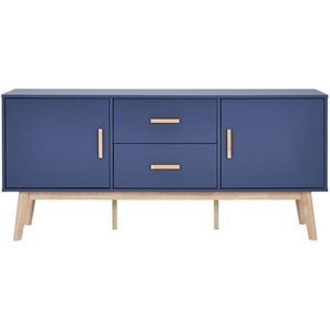 Mid.you Sideboard, Natur, Dunkelblau, Holzwerkstoff, Kautschukholz,Kautschukholz, massiv, 4 Fächer, 2 Schubladen, 160x72x40 cm, Bsci, Kleinmöbel