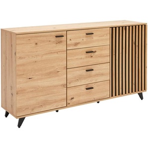 Mid.you Sideboard Oslo, Eiche, Schwarz, Metall, 2 Fächer, 4 Schubladen, 154x86x40 cm, Bsci, Wohnzimmer, Kommoden & Sideboards, Sideboards