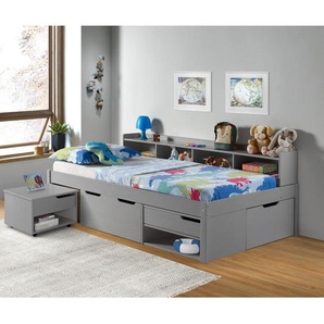 Mid.you Stauraumbett, Grau, Holz, Kiefer, massiv, 10 Fächer, 4 Schubladen, Höhe ca. 16 cm, 90x200 cm, FSC Mix, Lattenrost, mit Schubkästen, Schlafzimmer, Betten, Stauraumbetten