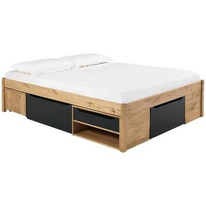 Mid.you Stauraumbett, Natur, Schwarz, Holz, Kiefer, massiv, 11 Fächer, 7 Schubladen, Höhe ca. 20 cm, 140x200 cm, FSC Mix, Lattenrost, mit Schubkästen,