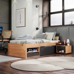 Mid.you Stauraumbett, Natur, Schwarz, Holz, Kiefer, massiv, 5 Fächer, 3 Schublade(n) Schubladen, Höhe ca. 20 cm, 90x200 cm, FSC Mix, Lattenrost, mit Schubkästen, Schlafzimmer, Betten, Stauraumbetten