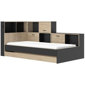Mid.you Stauraumbett, Schwarz, Kastanien, Holzwerkstoff, 5 Fächer, 1 Schubladen, 90x200 cm, ISO 9001, Pefc, Bettkasten, Schlafzimmer, Betten,