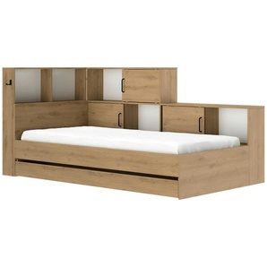 Mid.you Stauraumbett, Weiß, Eiche Artisan, Holzwerkstoff, 5 Fächer, 1 Schubladen, 90x200 cm, ISO 9001, Pefc, Bettkasten, Schlafzimmer, Betten,