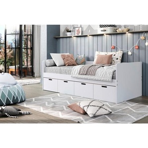 Mid.you Stauraumbett, Weiß, Holz, Kiefer, massiv, 4 Schubladen, Höhe ca. 20,0 cm, 90x200 cm, FSC Mix, Lattenrost, mit Schubkästen, Schlafzimmer, Betten, Stauraumbetten