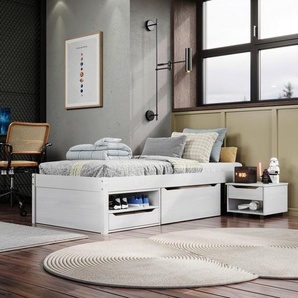 Mid.you Stauraumbett, Weiß, Holz, Kiefer, massiv, 5 Fächer, 3 Schubladen, Höhe ca. 20 cm, 90x200 cm, FSC Mix, Lattenrost, mit Schubkästen, Schlafzimmer, Betten, Stauraumbetten