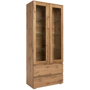 Mid.you Vitrine, Eiche, Glas, 3 Fächer, 2 Schubladen, 80x191x40 cm, Esszimmer, Vitrinen