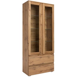 Mid.you Vitrine, Eiche, Glas, 3 Fächer, 2 Schubladen, 80x191x40 cm, Wohnzimmer, Wohnwände, Vitrinenschränke