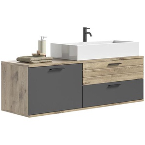 Mid.you Waschtischkombi , Grau, Eiche , Kunststoff , 1 Fächer , 2 Schubladen , 140 cm , FSC MIX , Badezimmer, Waschbecken & Armaturen, Waschtische