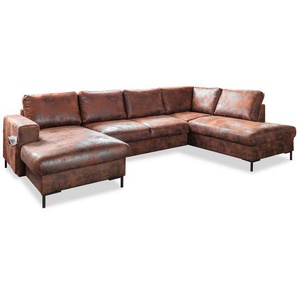 Mid.you Wohnlandschaft, Braun, Textil, Vintage, 7-Sitzer, Füllung: Polyetherschaumkern, U-Form, Ottomane rechts, 304x198 cm, Made in EU, Rücken echt,