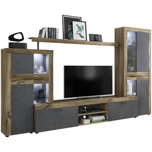 Mid.you Wohnwand , Braun, Dunkelgrau , Glas, Holzwerkstoff , 10 Fächer , F , 320x205x45 cm , Beimöbel erhältlich , Wohnzimmer, Wohnwände, Anbauwände