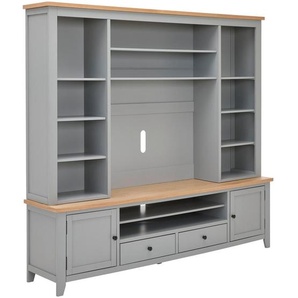 Mid.you Wohnwand, Grau, Natur, Metall, 2-teilig, Eiche, Kiefer, furniert, massiv, 9 Fächer, 2 Schublade(n) Schubladen, 200x186x43 cm, Made in Europe, Wohnzimmer, Wohnwände, Wohnwand-Sets