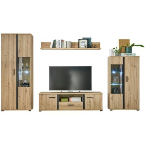 Mid.you Wohnwand, Schwarz, Eiche, Kunststoff, 12 Fächer, 1 Schubladen, Made in EU, Wohnzimmer, Wohnwände, Anbauwände