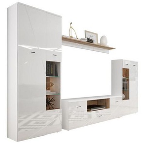 Mid.you Wohnwand, Weiß, Eiche, Kunststoff, 12 Fächer, 1 Schubladen, 340x196x40 cm, Made in EU, Wohnzimmer, Wohnwände, Anbauwände