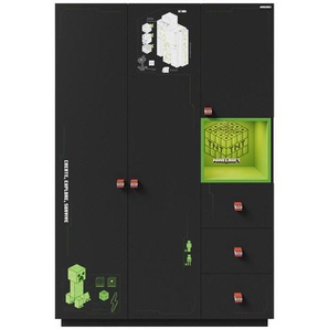 Minecraft Kleiderschrank, Schwarz, Kunststoff, Gaming, 2 Fächer, 135x200x50 cm, Beleuchtung, Kinder- & Jugendzimmer, Jugendmöbel,