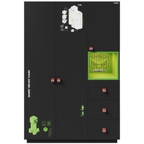 Minecraft Kleiderschrank, Schwarz, Kunststoff, Gaming, 2 Fächer, 135x200x50 cm, Beleuchtung, Kinder- & Jugendzimmer, Jugendmöbel,