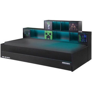 Minecraft Stauraumbett Minecraft, Anthrazit, Holzwerkstoff, Gaming, 7 Fächer, 1 Schublade(n) Schubladen, 90x200 cm, Bettkasten, Beleuchtung, Schlafzimmer, Betten, Stauraumbetten