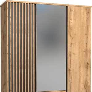 Minio, Drehtürenschrank 145,5 cm, Kleiderschrank Lamia, mit MDF Lamellen, Wotan Eiche/Schwarz Matt LA15