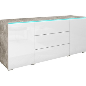 MIRJAN24 Kommode Vera, Griffloses Öffnungssystem, Sideboard, Stilvoll Highboard Schrank (Farbe: Beton / Weiß Hochglanz, mit weißer LED Beleuchtung) 063-10-00530