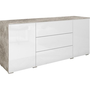 MIRJAN24 Kommode Vera, Griffloses Öffnungssystem, Sideboard, Stilvoll Highboard Schrank (Farbe: Beton / Weiß Hochglanz, ohne Beleuchtung) 063-10-00525