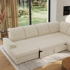 MKS MEBLE Ecksofa Wohnlandschaft U-Form, Sofa mit Schlaffunktion, Schlafsofa mit bettkasten, Couch mit Schlaffunktion - Beige Boucle - Madrito U - rechts