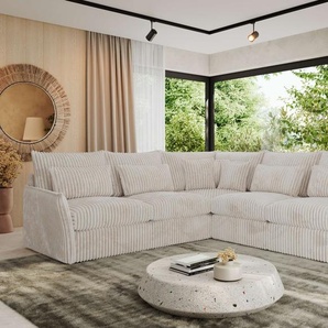 MKS MEBLE Modulares L-förmiges Ecksofa VERSO, Ecksofa für Wohnzimmer, Ecksofa mit losen Kissen, couchgarnitur mit armlehnen - Creme Cord