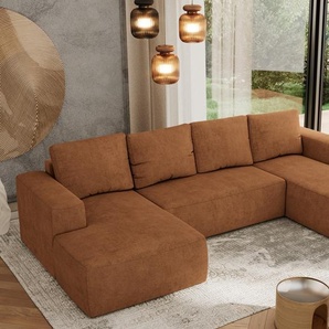 MKS MEBLE Sofa mit Schlaffunktion - Ecksofa mit Schlaffunktion und Bettkasten - Sofa 5 Sitzer - Schlafsofa - Couch - Schlafsofa mit Bettkasten - Trentino U - Orange Struktur