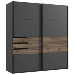Modante Schwebetürenschrank, Graphit, Eiche, Holzwerkstoff, 5 Fächer, 3 Schubladen, 180x198x65 cm, Made in Germany, umfangreiches Zubehör erhältlich,