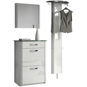 Moderano Garderobe, Alu, Weiß Hochglanz, Metall, Glas, 3-teilig, 150x192x34 cm, Garderobe, Garderoben-Sets