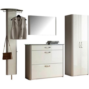 Moderano Garderobe, Alu, Weiß Hochglanz, Metall, Glas, 4-teilig, 270x192x34 cm, Garderobe, Garderoben-Sets