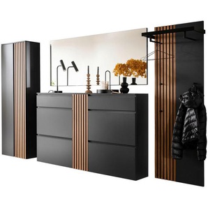 Moderano Garderobe, Anthrazit, Nussbaum, Holz, Holzwerkstoff, 4-teilig, Kernnussbaum, furniert, 310x200x30 cm, Garderobe, Garderoben-Sets