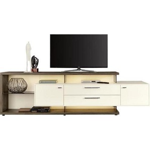 Moderano Lowboard Media 700, Gwinner , Grau, Weiß , Metall , Balkeneiche , furniert , 1 Fächer , 2 Schubladen , 261.3x76.2x55.7 cm , erweiterbar, Typenauswahl, individuell planbar, Beimöbel erhältlich, hängend, in verschiedenen Holzarten erhältlich ,
