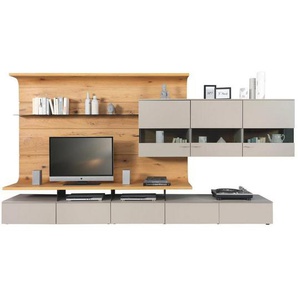 Moderano Wohnwand Veneto, Gwinner , Grau, Eiche , Metall , Eiche , furniert , 3 Fächer , 5 Schubladen , 357.5x186.8x41.2-55.7 cm , RAL Testat, Goldenes M, Made in Germany , erweiterbar, Typenauswahl, Beimöbel erhältlich, umfangreiches Zubehör in