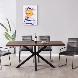 Moderne Essgruppe Nussbaumdekor, Gestelle aus Stahl, Bezug dunkelgrau, 4 Stühle, 1 Tisch