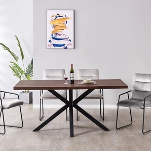 Moderne Essgruppe Nussbaumdekor, Gestelle aus Stahl, Bezug hellgrau, 4 Stühle, 1 Tisch