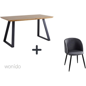 Moderne Esstischgruppe, 140x80 cm, aus MDF mit Eiche-Dekor, Beine Metall, 6 Stuhl-Sets zur Auswahl  Tisch + Armlehnstuhl dunkelgrau