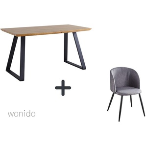 Moderne Esstischgruppe, 140x80 cm, aus MDF mit Eiche-Dekor, Beine Metall, 6 Stuhl-Sets zur Auswahl  Tisch + Armlehnstuhl hellgrau