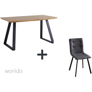 Moderne Esstischgruppe, 140x80 cm, aus MDF mit Eiche-Dekor, Beine Metall, 6 Stuhl-Sets zur Auswahl  Tisch + Stuhl bequem dunkelgrau