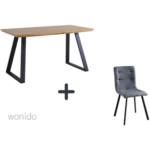 Moderne Esstischgruppe, 140x80 cm, aus MDF mit Eiche-Dekor, Beine Metall, 6 Stuhl-Sets zur Auswahl  Tisch + Stuhl bequem hellgrau