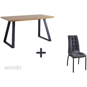 Moderne Esstischgruppe, 140x80 cm, aus MDF mit Eiche-Dekor, Beine Metall, 6 Stuhl-Sets zur Auswahl  Tisch + Stuhl mit hoher Rückenlehne dunkelgrau