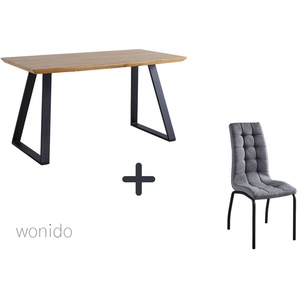 Moderne Esstischgruppe, 140x80 cm, aus MDF mit Eiche-Dekor, Beine Metall, 6 Stuhl-Sets zur Auswahl  Tisch + Stuhl mit hoher Rückenlehne hellgrau