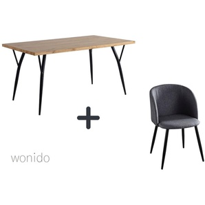 Moderne Esstischgruppe, 150x90 cm, aus MDF mit Eiche-Dekor, Beine Metall, 6 Stuhl-Sets zur Auswahl  Tisch + Armlehnstuhl dunkelgrau